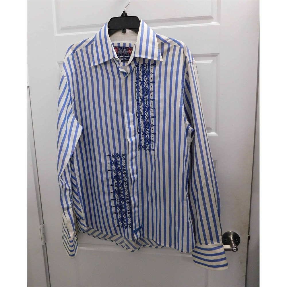 New Chinese Laundry Blue White Stripe‎ Embroidered Button Down Shirt L